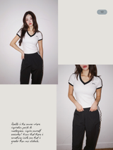 ブラックラインリボンVネック半袖Tシャツ