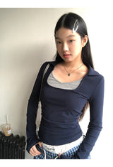Square Navy Layered Long Sleeve T-Shirt