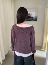 カラン オフショルダー ストラップ ストライプ ロングスリーブ Tシャツ