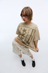 Sound wave artwork damage washing T-shirt (Beige)_1