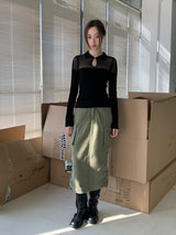Collar See-Through Stripe Long Sleeve T-Shirt