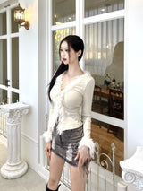 1083. Fur trimming ribbon cardi (3color)