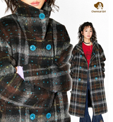 Gradient blue polka dot checkered contrasting color woolen overcoat