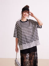レースストライプミックススリムフィットTシャツ