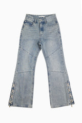 Sage cross lace denim pants