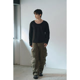 Brushed crop u neck long sleeves(Black)