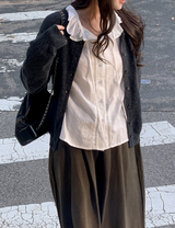 #Frill Collar Strap Puff Long Sleeve Blouse