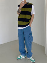 Stripe round neck knit vest 2C