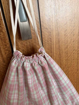 Pattern string pouch - pink check , M size