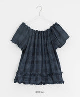 Ame Check Off-Shoulder Frill Short Sleeve Blouse