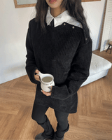 [UNISEX] Overfit velor off shoulder double snap button long sleeve knit T (4 colors)