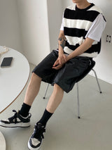 Stripe round neck knit vest 2C