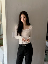 Raymi Heart Neck Shirring Slim Rib T-Shirt (4color)