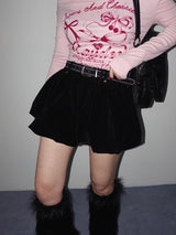 VELOUR BALLOON MINI SKIRT WITH STITCH BELT SET (BLACK)