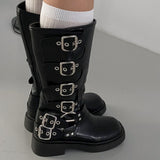 Six buckle belt long worker leather boots