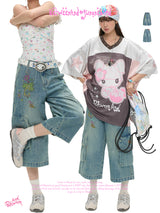 BETWEENAND summer bird illustration collaboration washed denim jeans loose and slimming cropped pants