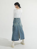 Back Slit Cargo Denim Long Skirt