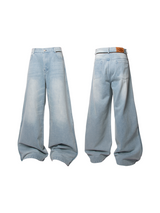 LABEL Series Basic Washed Waist Half Zipper Back Waist Cowhide Limited Edition Leather Brand Loose Straight Leg Jeans