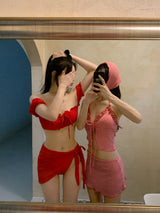 Rose Tide Off-Shoulder Chiffon Cover-Up 3pcs Bikini SET