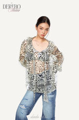 Leopard see-through frill blouse