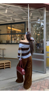 wool mohair stripe off-shoulder long-sleeved knitwear