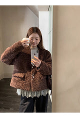wool no collar brown button fur jacket