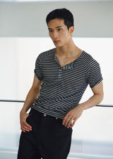 Sheer stripe ribbed henley half sleeve(Black)