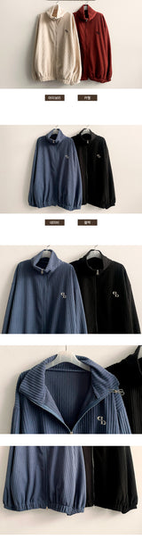 Baggle Oversized Corduroy Embroidery High-Neck Zip-Up