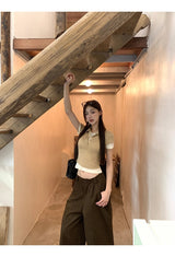 Hazelnut pintuck wide cotton casual pants