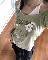 フラワーレタリングプリントホルターネック半袖Tシャツ