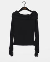 Vision Belt Buckle Shirring Ribbed Off-Shoulder T-Shirt