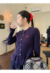 Twisted frill knit long-sleeved cardigan