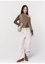 CONFUN Asymmetrical off-the-shoulder, laid-back and slimming base layer, striped knitted patchwork top