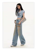 Light blue gradient blush washed straight leg floor-length jeans