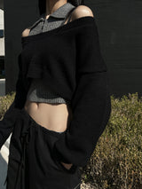Halter collar sleeveless & long sleeve cropped knit two-piece set (2 colors)