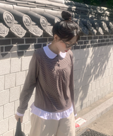 Round collar striped frill T-shirt