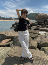 Nob Shirring オフショルダーリボン半袖Tシャツ