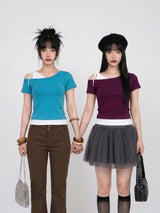 デュアルトーンアシンメトリーTシャツ (4COLORS!)