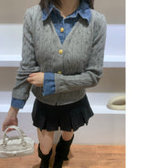 Perry Denim-Layer Cable Knit Long Sleeve Cardigan
