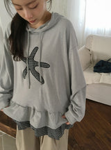 Nahin Check Patch Frill Hood Long Sleeve Tee