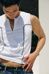 Curved half zip up sleeveless(White)