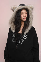 eat me plz* カシーキャットイヤーフリースフーディフォアオータムウィンターウォームジャケット