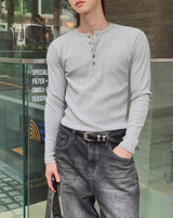 カンデン リブド ヘンリーネック スリム ロングスリーブ Tシャツ