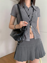 striped pleats button mini skirt