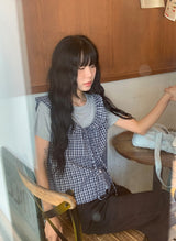 Baso Check Frill Seersucker Boat-Neck Blouse