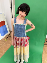 Aラインデニムパッチワークロングストラップドレス