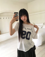 Lune ボートネック オフショルダー プリント半袖 Tシャツ