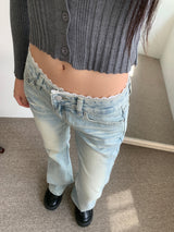  Touch Lace Trim Light Blue Bootcut Denim Pants