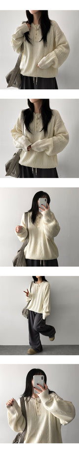Ichi cable snap henry neck knitwear