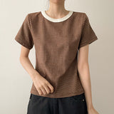 コントラスト ネック ストライプ デリケート ベーシック フィット ショートスリーブ Tシャツ